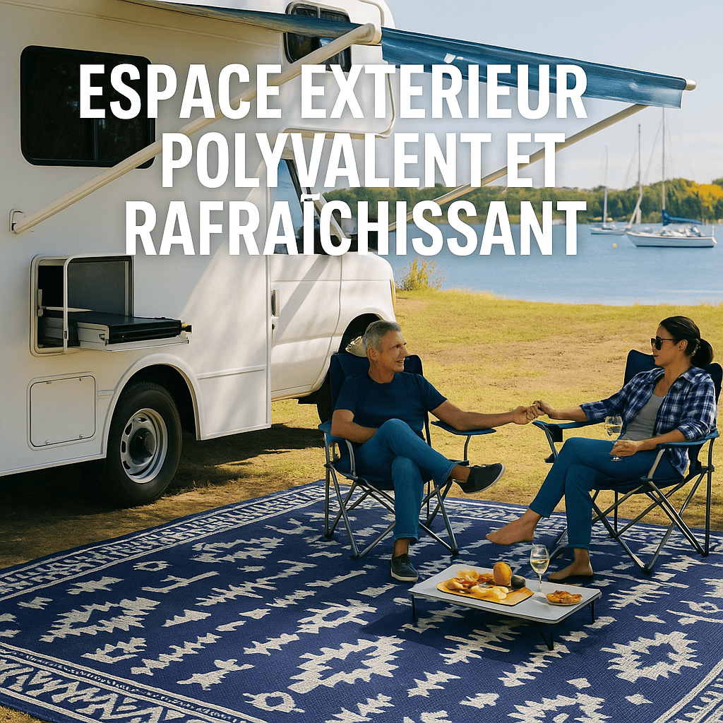Couple sur tapis plastique bleu et blanc sous un camping-car près d’un lac.