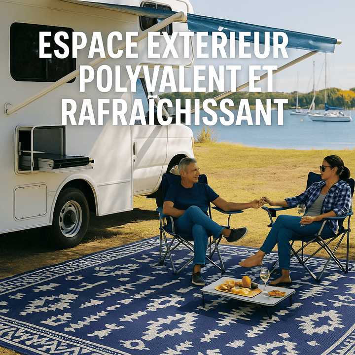 Couple sur tapis plastique bleu et blanc sous un camping-car près d’un lac.