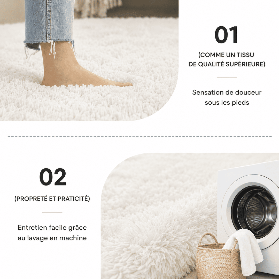 Présentation du tapis salon blanc grand avec fibres ultra douces, toucher confortable et entretien facile pour un usage quotidien.