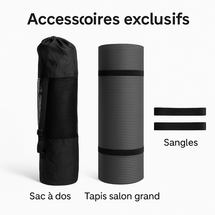 Un sac à dos de transport, un tapis de sport épais roulé et deux sangles d’attache, présentés sous le titre “Accessoires exclusifs”.