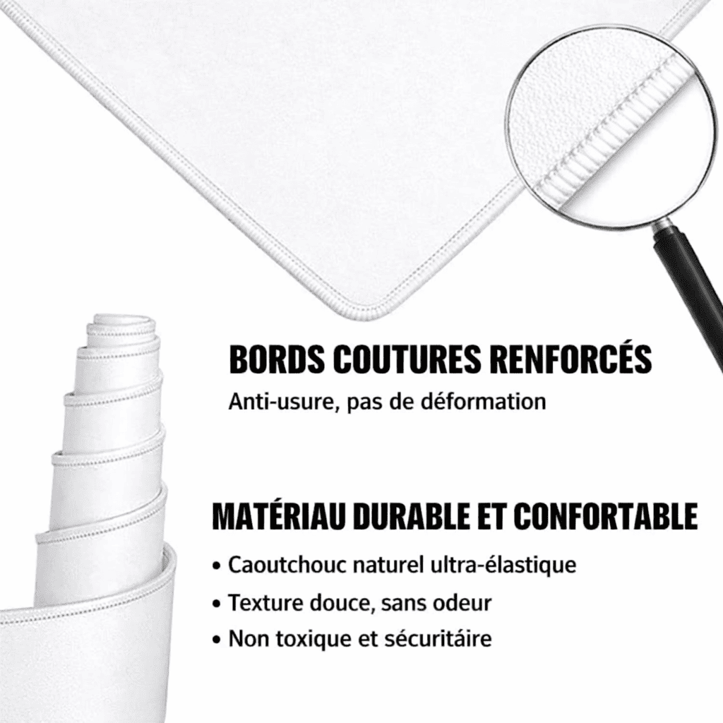 finition couture renforcée du tapis de souris blanc antidérapant