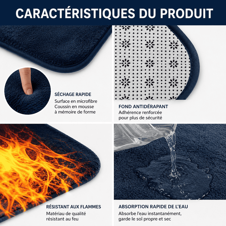 Présentation des caractéristiques du tapis salon bleu marine avec surface douce, isolation et dessous antidérapant.