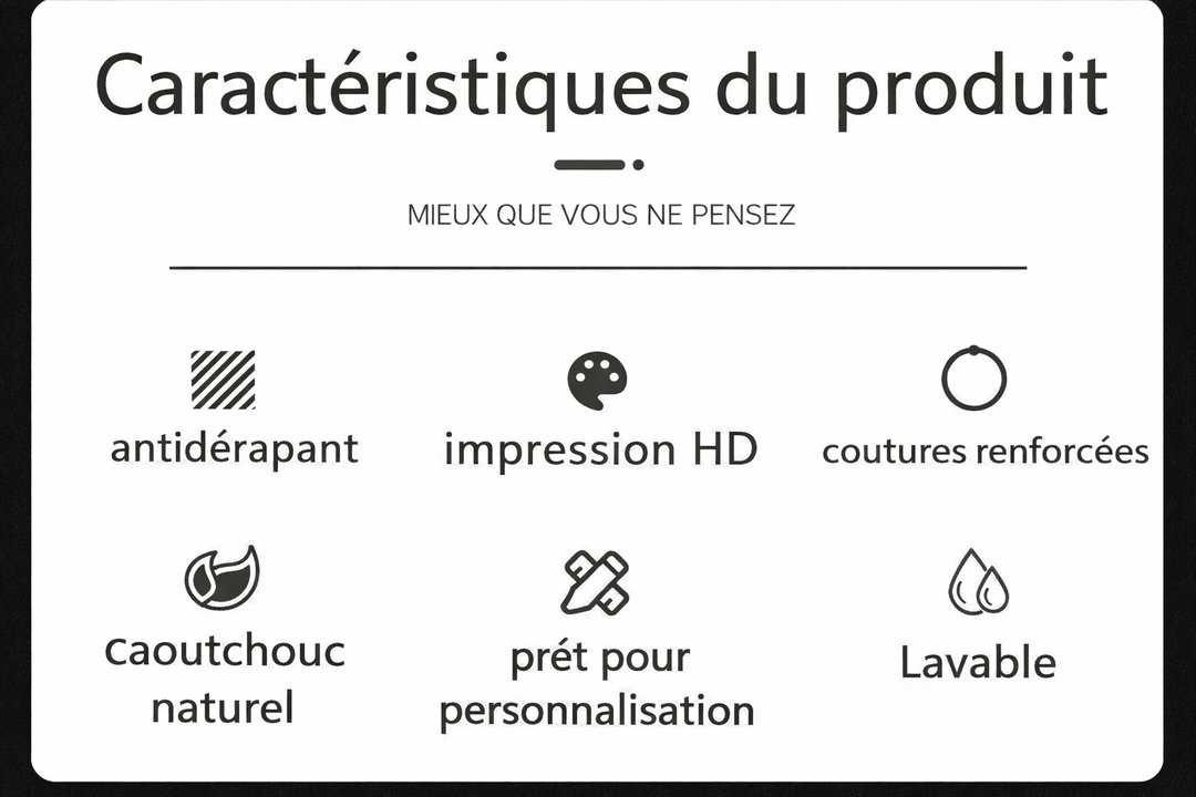 Infographie présentant les caractéristiques du tapis de souris noir et blanc XXL avec base antidérapante et impression HD