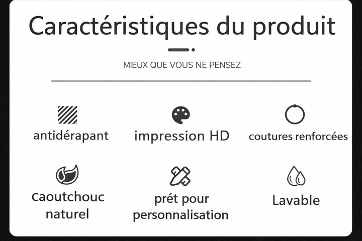 Infographie présentant les caractéristiques du tapis de souris noir et blanc XXL avec base antidérapante et impression HD
