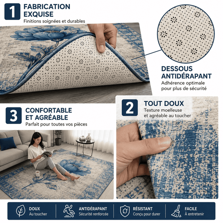Infographie présentant les caractéristiques du tapis salon floral bleu : dessous antidérapant, surface douce et entretien facile.