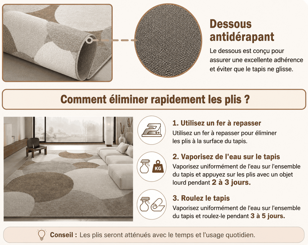 Infographie présentant les caractéristiques du tapis salon taupe et beige : douceur, dessous antidérapant, entretien facile et design moderne.