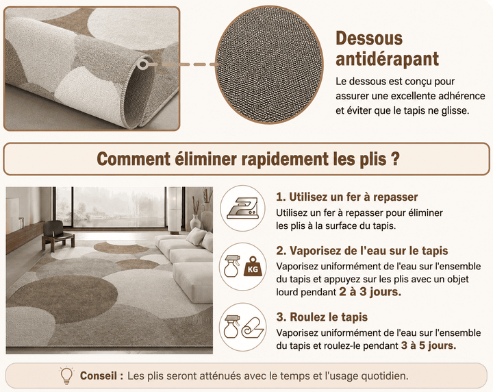 Infographie présentant les caractéristiques du tapis salon taupe et beige : douceur, dessous antidérapant, entretien facile et design moderne.
