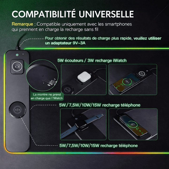 Tapis de souris recharge sans fil compatible smartphone Qi, écouteurs et montre connectée.
