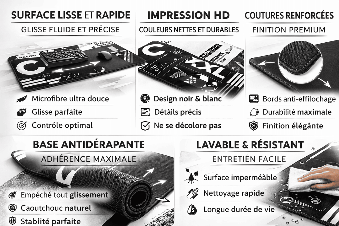 Zoom sur les coutures renforcées du tapis de souris noir et blanc XXL et matériau en caoutchouc naturel