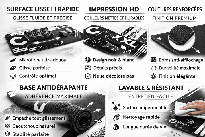Zoom sur les coutures renforcées du tapis de souris noir et blanc XXL et matériau en caoutchouc naturel