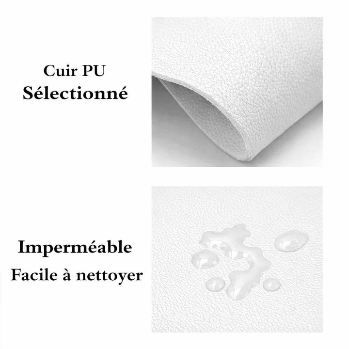 Détail du cuir PU blanc imperméable du tapis de souris montrant la texture et la résistance à l’eau