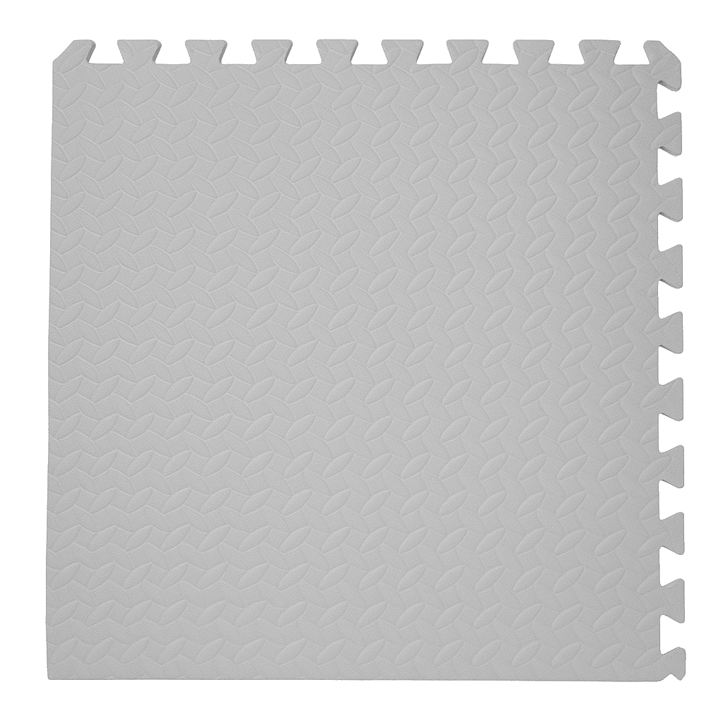 Dalle de sol en mousse EVA grise à bord puzzle, surface texturée anti-dérapante pour tapis de sport en salle.