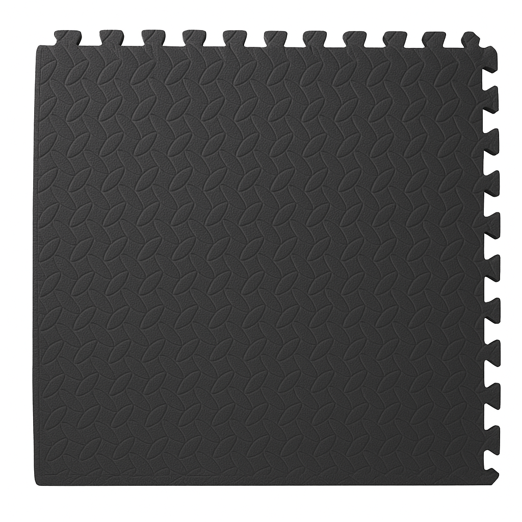 Dalle de sol en mousse EVA noire à bords puzzle, surface antidérapante en relief, modulable pour tapis de sport en salle.