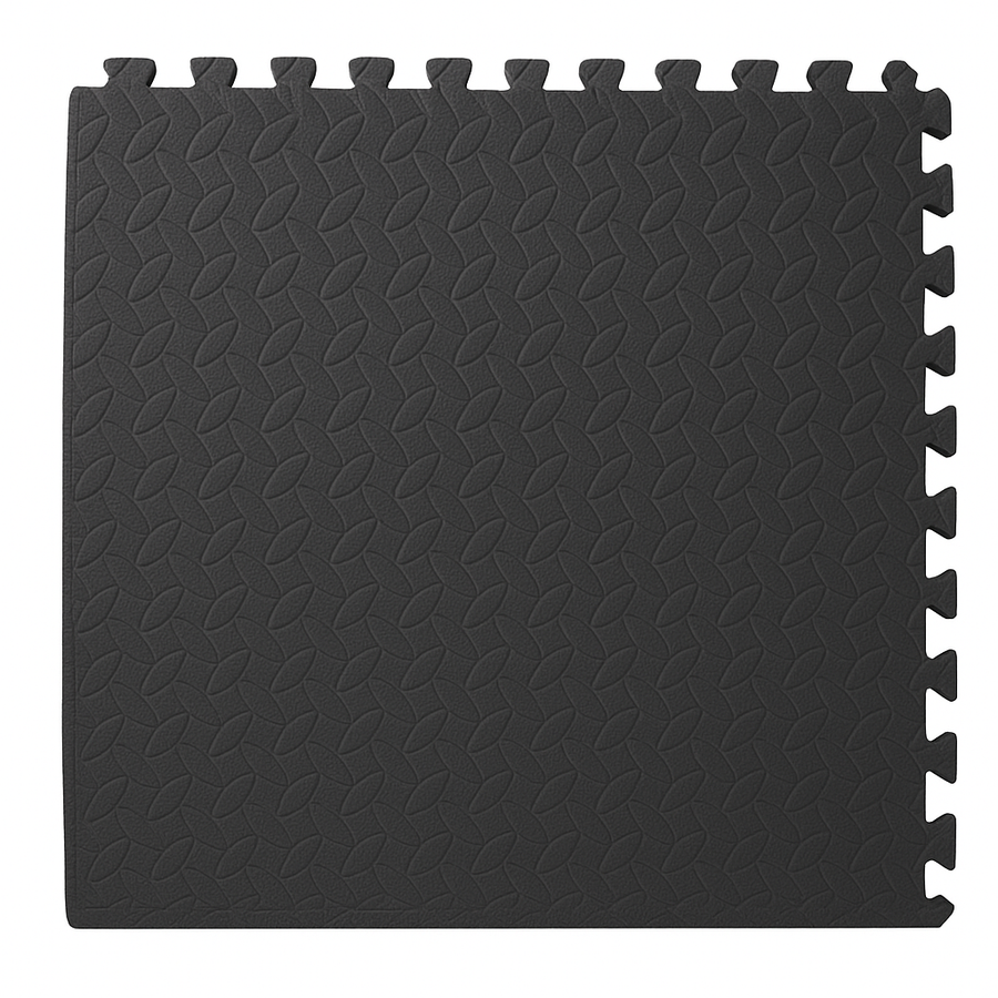 Dalle de sol en mousse EVA noire à bords puzzle, surface antidérapante en relief, modulable pour tapis de sport en salle.