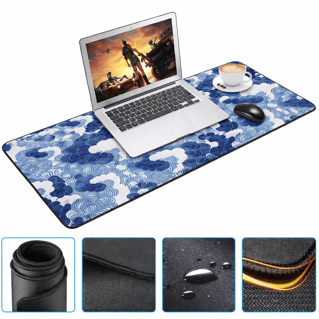 tapis de bureau vague bleu XXL avec ordinateur portable souris et tasse sur bureau