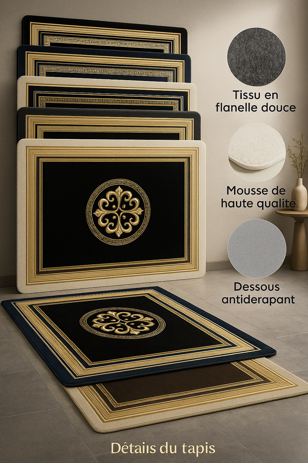 Image présentant quatre tapis salon design luxe empilés dans des coloris noir, bleu, crème et taupe