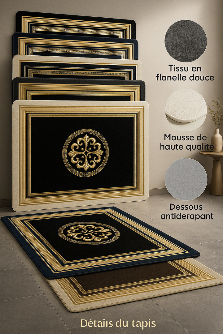 Image présentant quatre tapis salon design luxe empilés dans des coloris noir, bleu, crème et taupe