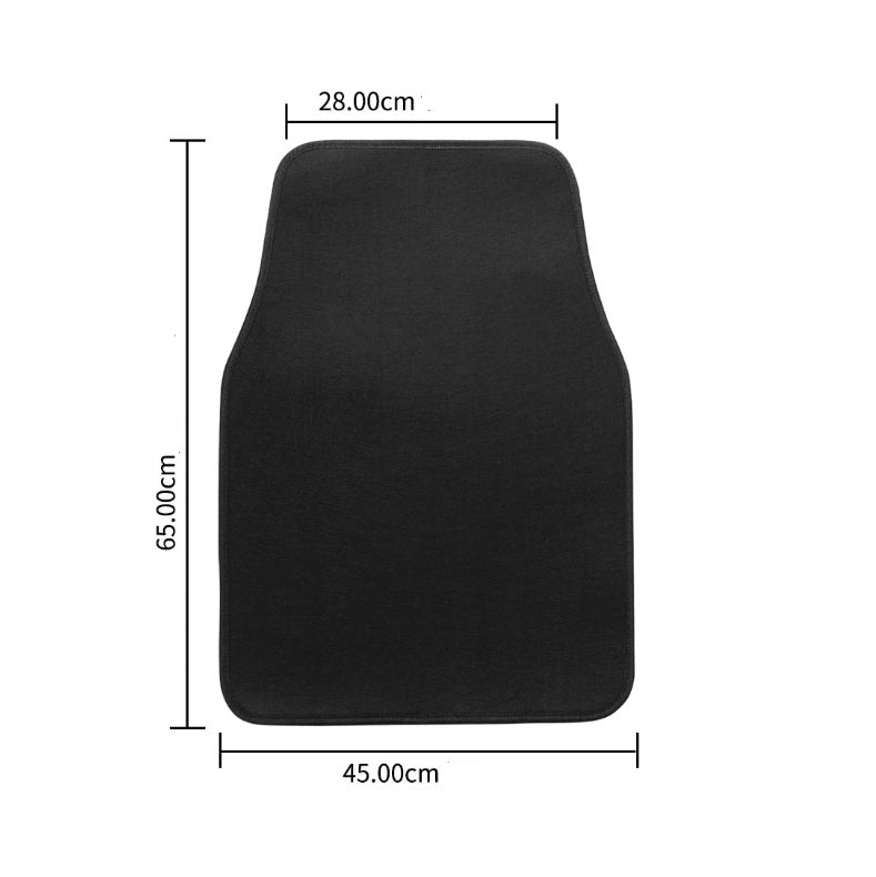 Vue de dessus d’un tapis de sol avant pour voiture avec dimensions indiquées : 65 cm de long, 45 cm de large et 28 cm de largeur au niveau supérieur.