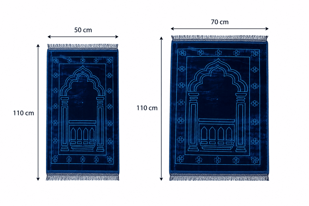 dimensions du tapis de prière bleu avec plusieurs tailles disponibles et design islamique élégant
