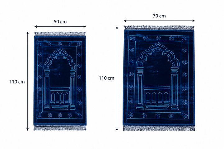 dimensions du tapis de prière bleu avec plusieurs tailles disponibles et design islamique élégant