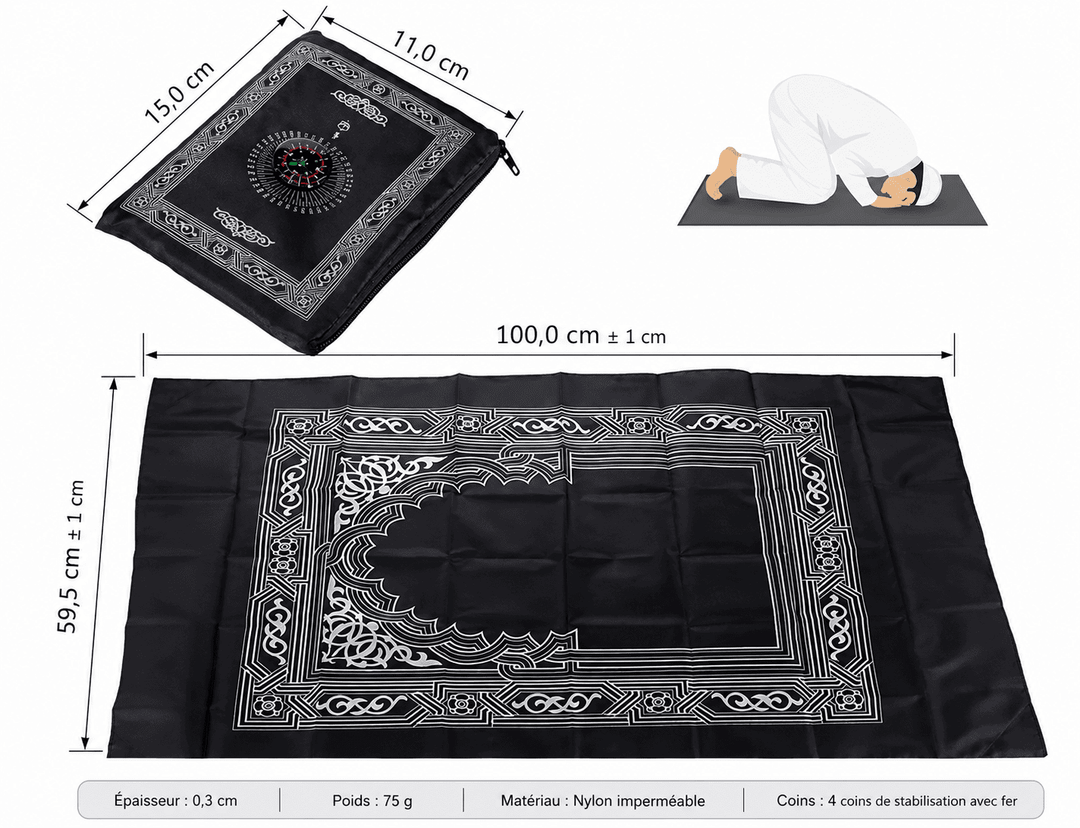 dimensions détaillées d’un tapis de prière noir avec boussole intégrée, nylon imperméable et format compact de voyage