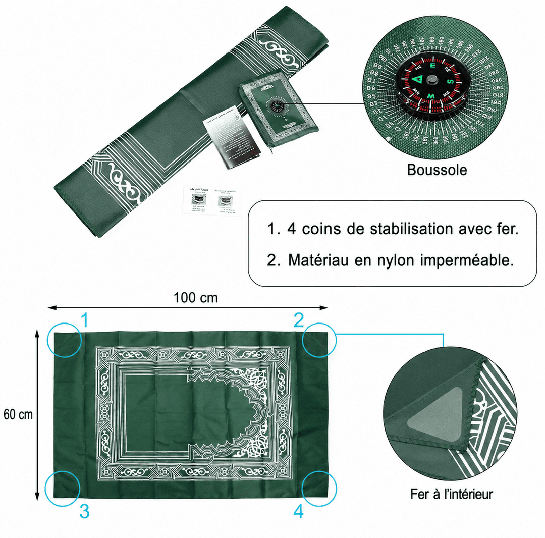 dimensions et caractéristiques d’un tapis de prière compact avec boussole intégrée et coins stabilisateurs