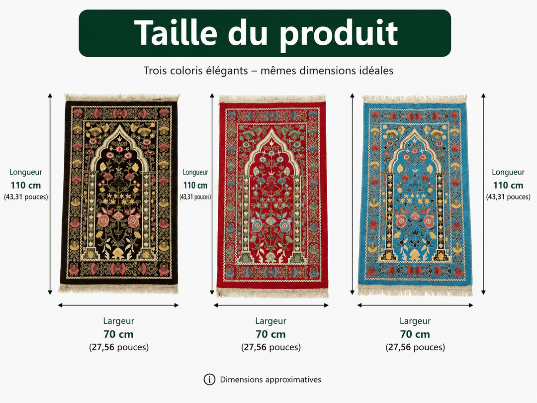 dimensions de petits tapis de prière compacts avec plusieurs coloris et format pratique