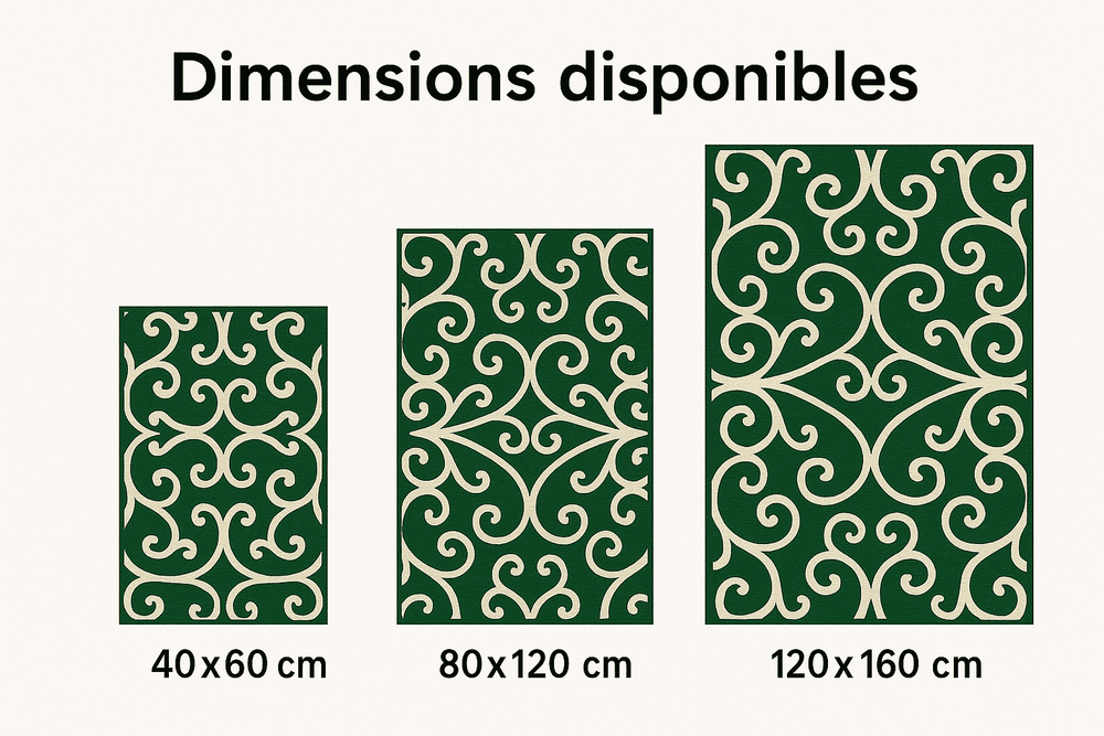 Diagramme montrant les dimensions disponibles du tapis de sol extérieur motif vignes vertes : 40×60 cm, 80×120 cm et 120×160 cm.