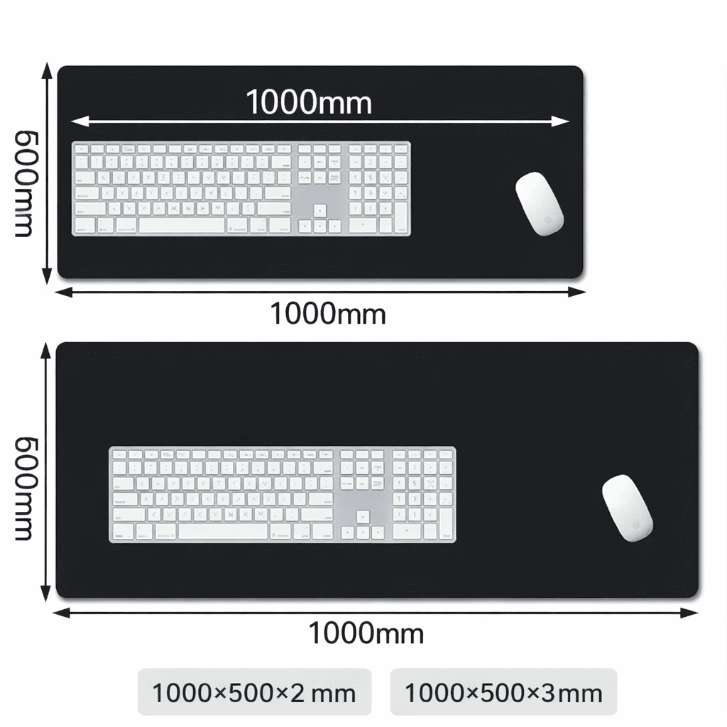 Dimensions tapis de souris XXL 1000x500 mm avec schéma taille clavier et souris