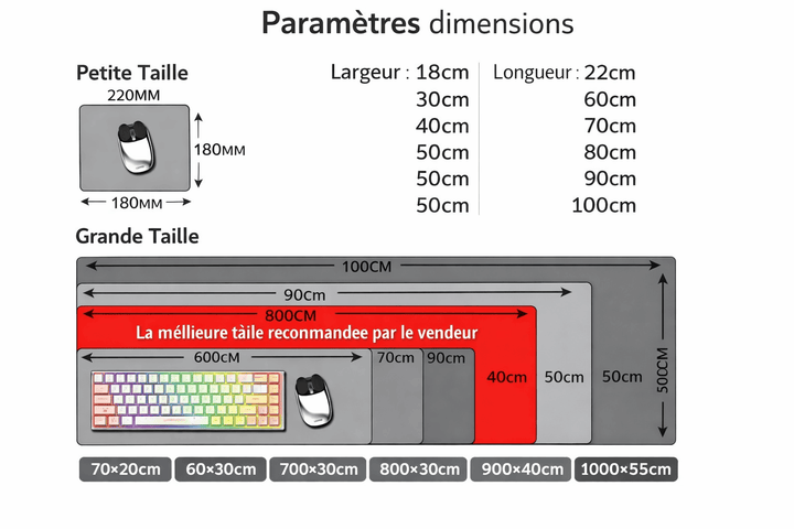 schéma des dimensions du tapis de souris noir grand format