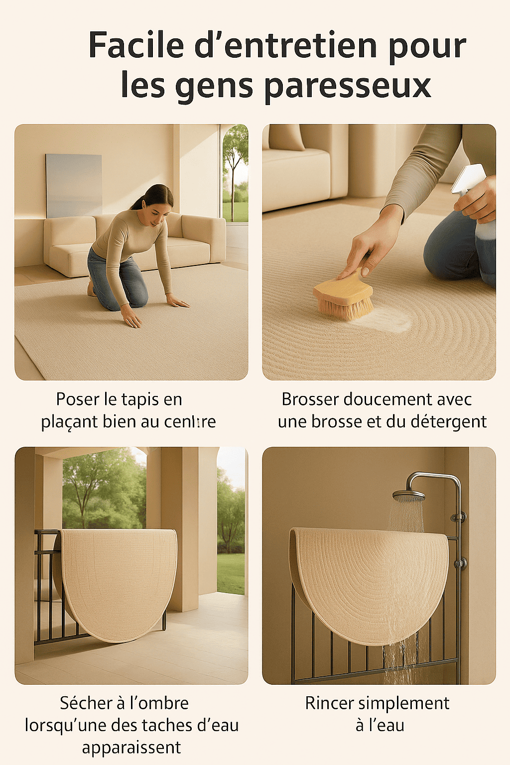  Quatre étapes illustrant l'entretien simple du tapis salon grand : placement, brossage doux, séchage à l’ombre et rinçage à l’eau