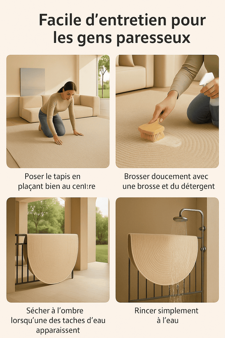  Quatre étapes illustrant l'entretien simple du tapis salon grand : placement, brossage doux, séchage à l’ombre et rinçage à l’eau