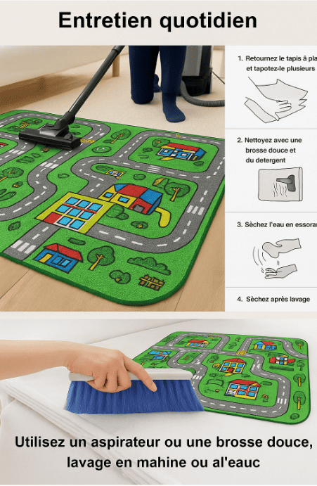  Infographie illustrant les étapes de nettoyage du tapis circuit voiture pour enfant : aspirateur, brossage doux avec détergent, essorage et séchage, avec une image du tapis en contexte.