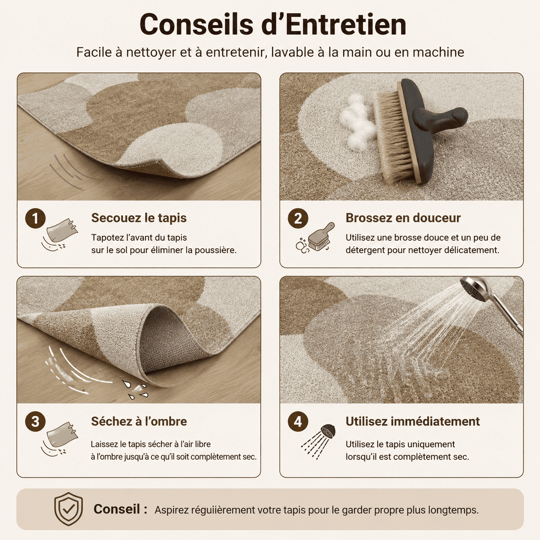 Conseils d'entretien pour conserver un tapis salon taupe et beige propre, doux et élégant durablement.