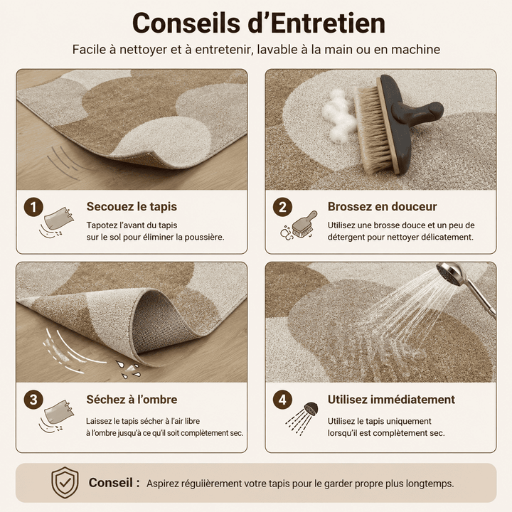 Conseils d'entretien pour conserver un tapis salon taupe et beige propre, doux et élégant durablement.