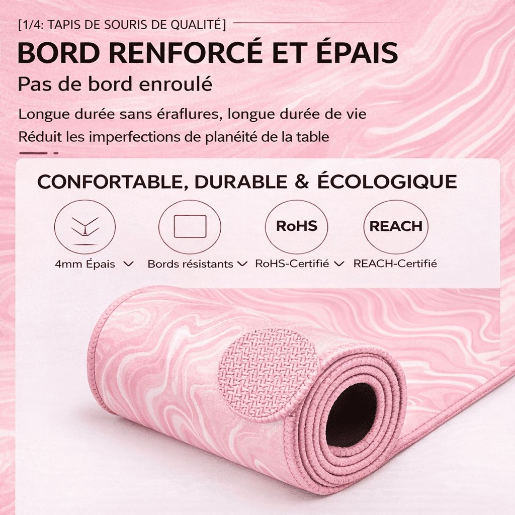 Tapis de souris rose roulé montrant son épaisseur de 2 mm et sa flexibilité pour bureau moderne.