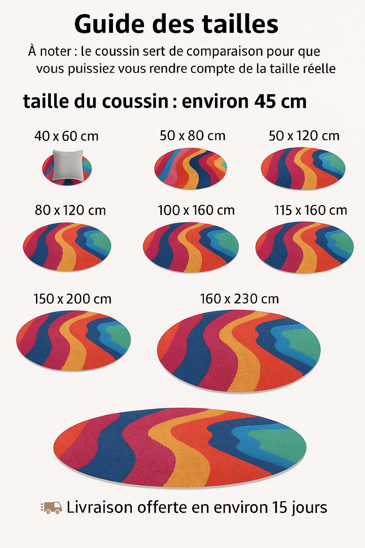 Guide des tailles pour tapis salon coloré avec exemples visuels, pour choisir la bonne dimension selon votre espace.