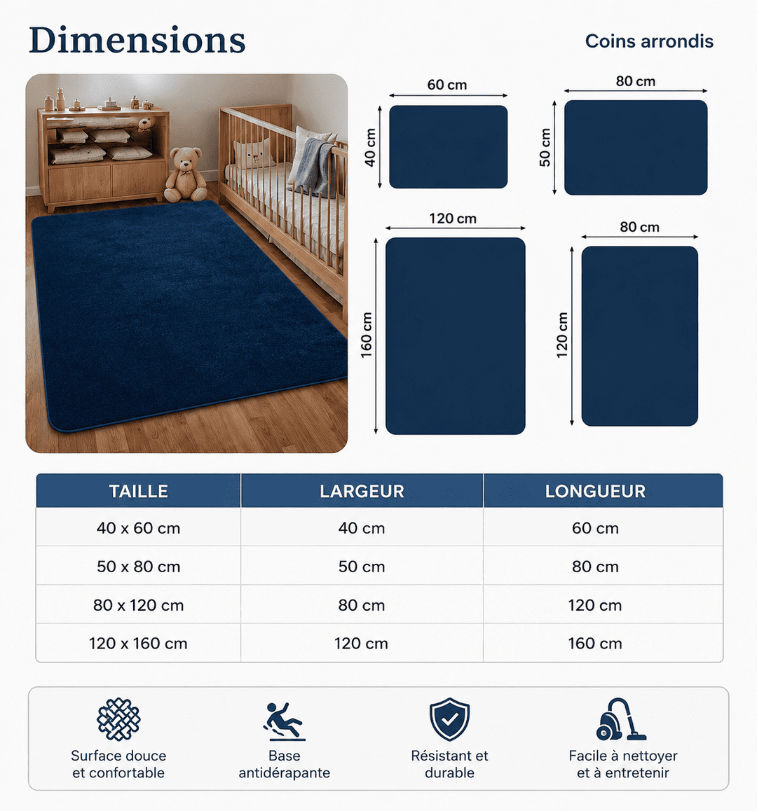 Guide des dimensions disponibles du tapis salon bleu marine avec plusieurs formats adaptés à chaque pièce.