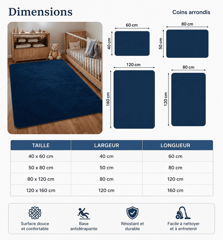 Guide des dimensions disponibles du tapis salon bleu marine avec plusieurs formats adaptés à chaque pièce.