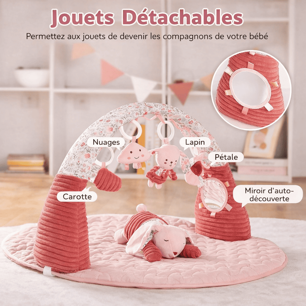 Jouets détachables du tapis d’éveil rose bébé avec nuage, lapin, fleur et miroir