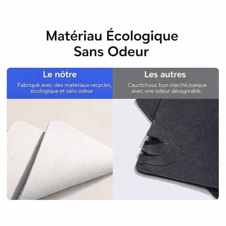 Comparaison montrant le tapis de souris cuir blanc écologique sans odeur face à un modèle en caoutchouc classique