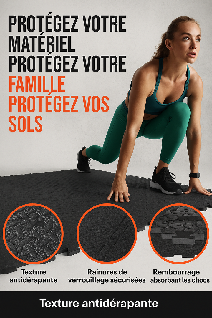 Femme en tenue de fitness sur un tapis de sport en salle, avec slogan “Protégez votre matériel, protégez votre famille, protégez vos sols” et trois vignettes illustrant la texture antidérapante