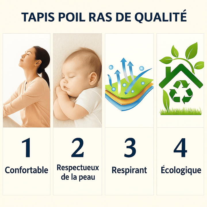 Infographie présentant quatre atouts du tapis poil ras : confortable, respectueux de la peau, respirant et écologique.