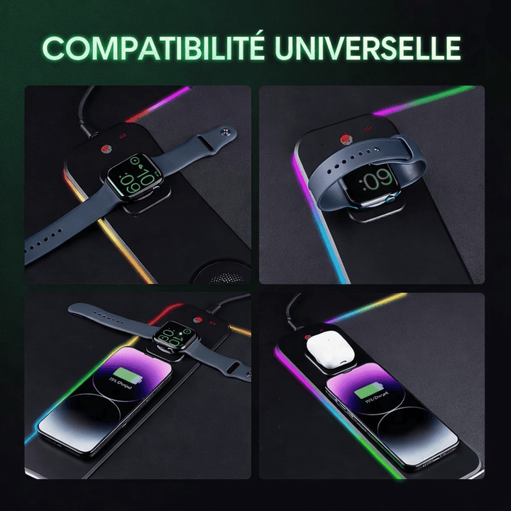 Tapis de souris recharge sans fil permettant de charger téléphone, écouteurs et montre connectée simultanément.