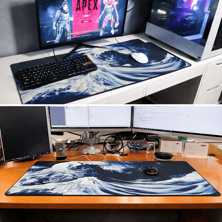 tapis de souris vague japonaise hokusai xxl sur bureau gaming avec clavier et souris