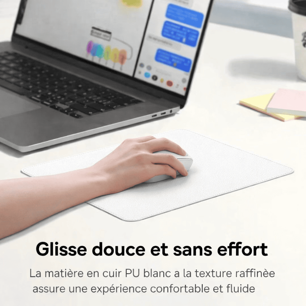 Surface lisse du tapis de souris cuir blanc permettant une glisse fluide et précise avec souris sans fil
