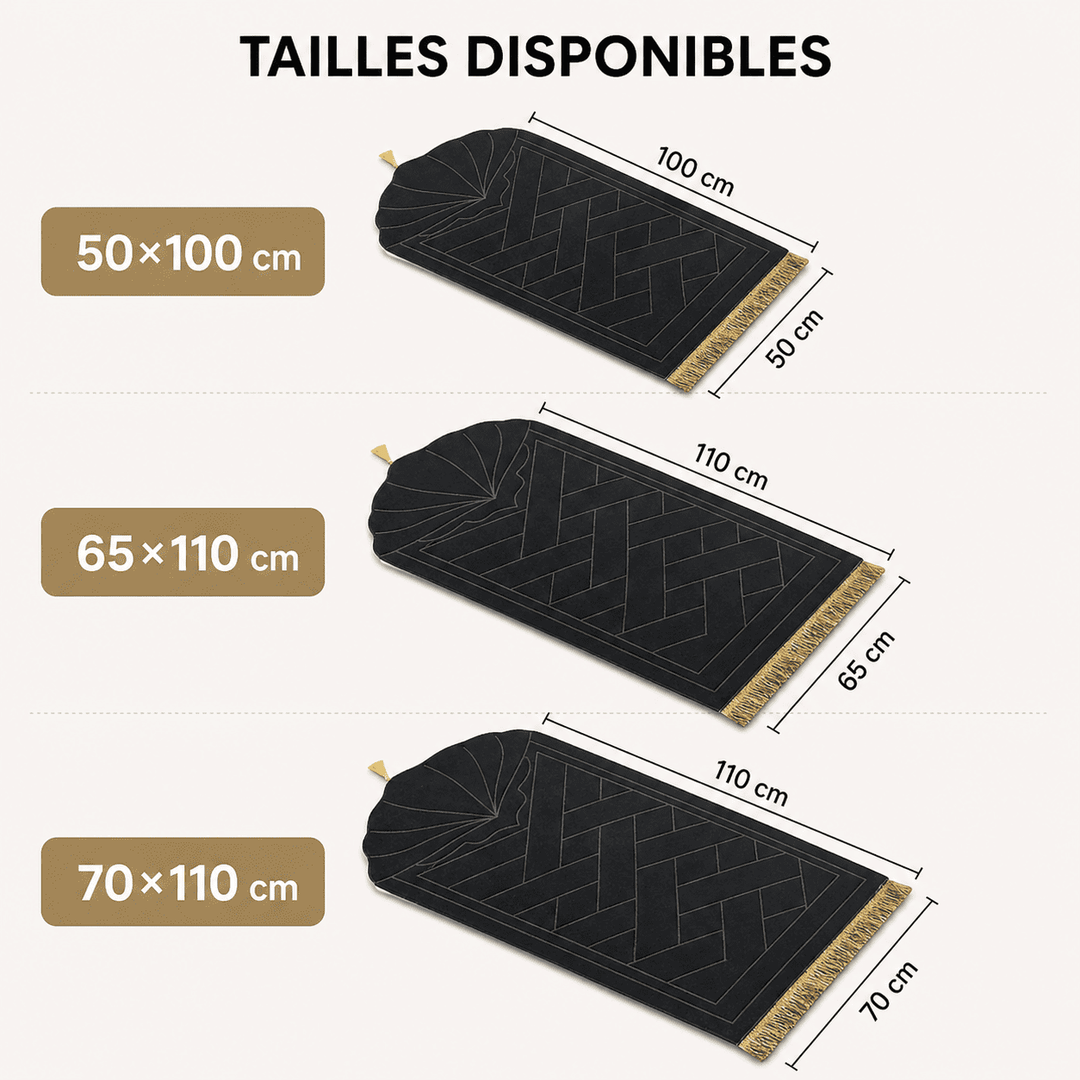 différentes tailles de tapis de prière noir adaptées pour usage intérieur et transport