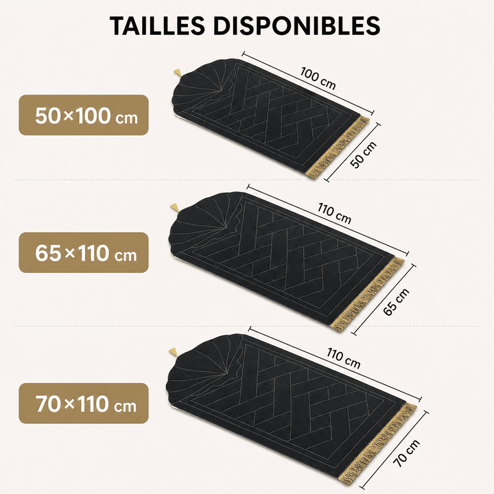 différentes tailles de tapis de prière noir adaptées pour usage intérieur et transport