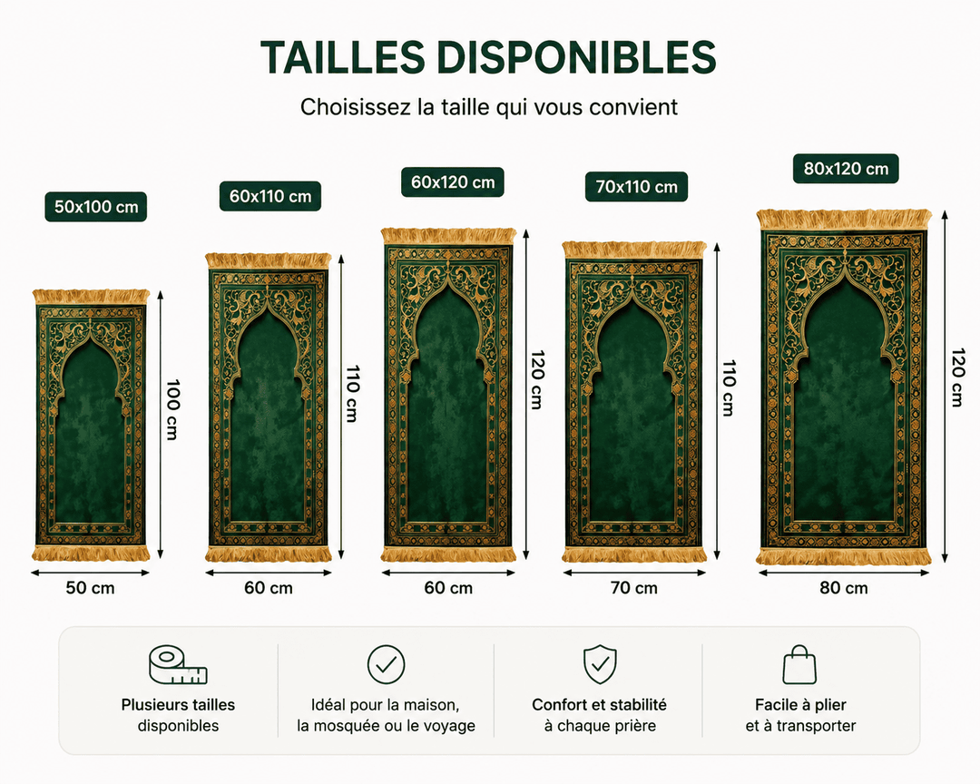 différentes tailles de tapis de prière vert adaptées à tous les besoins