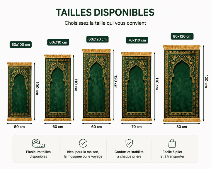 différentes tailles de tapis de prière vert adaptées à tous les besoins
